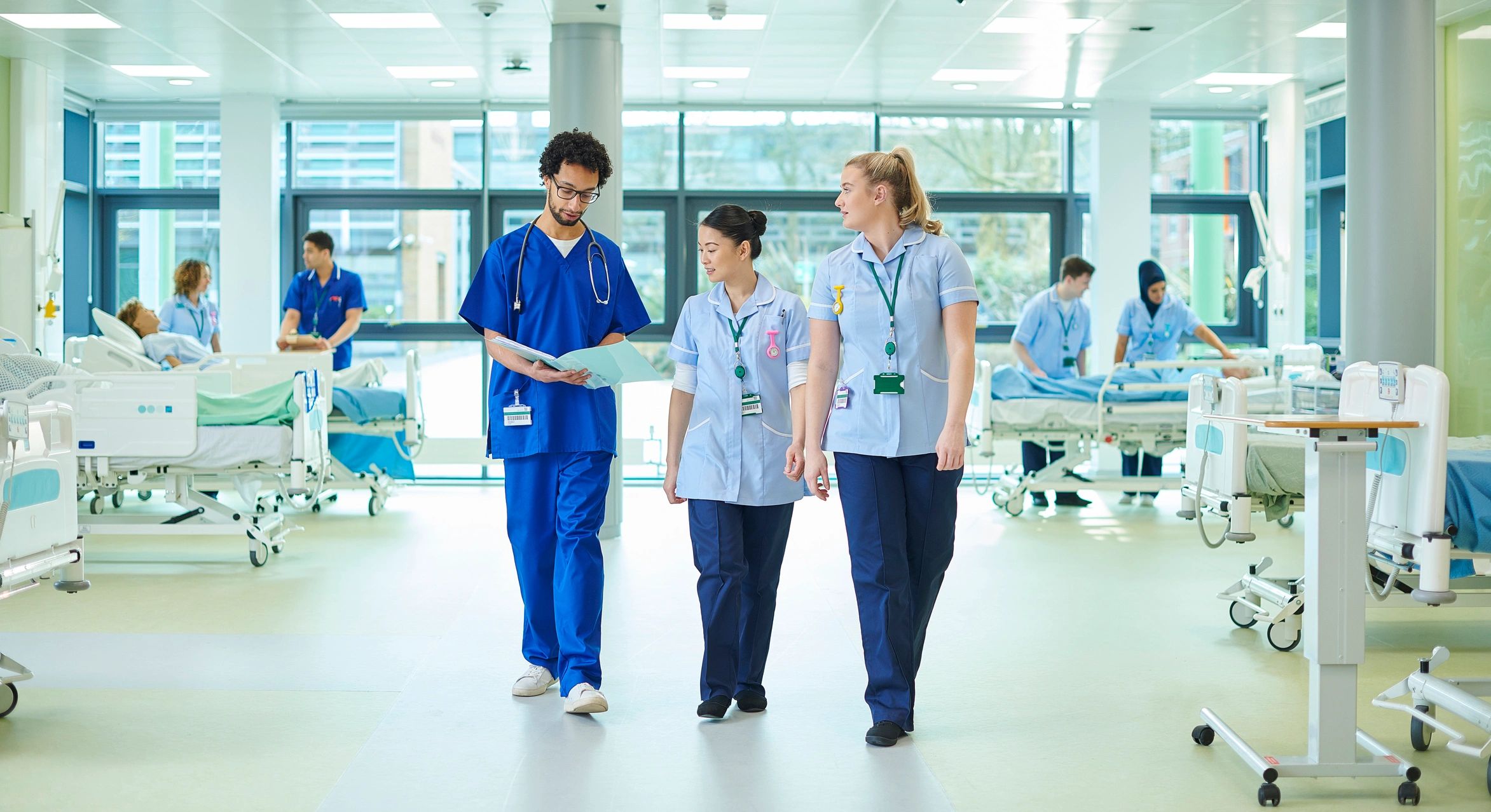 Healthcare team working together in a hospital ward