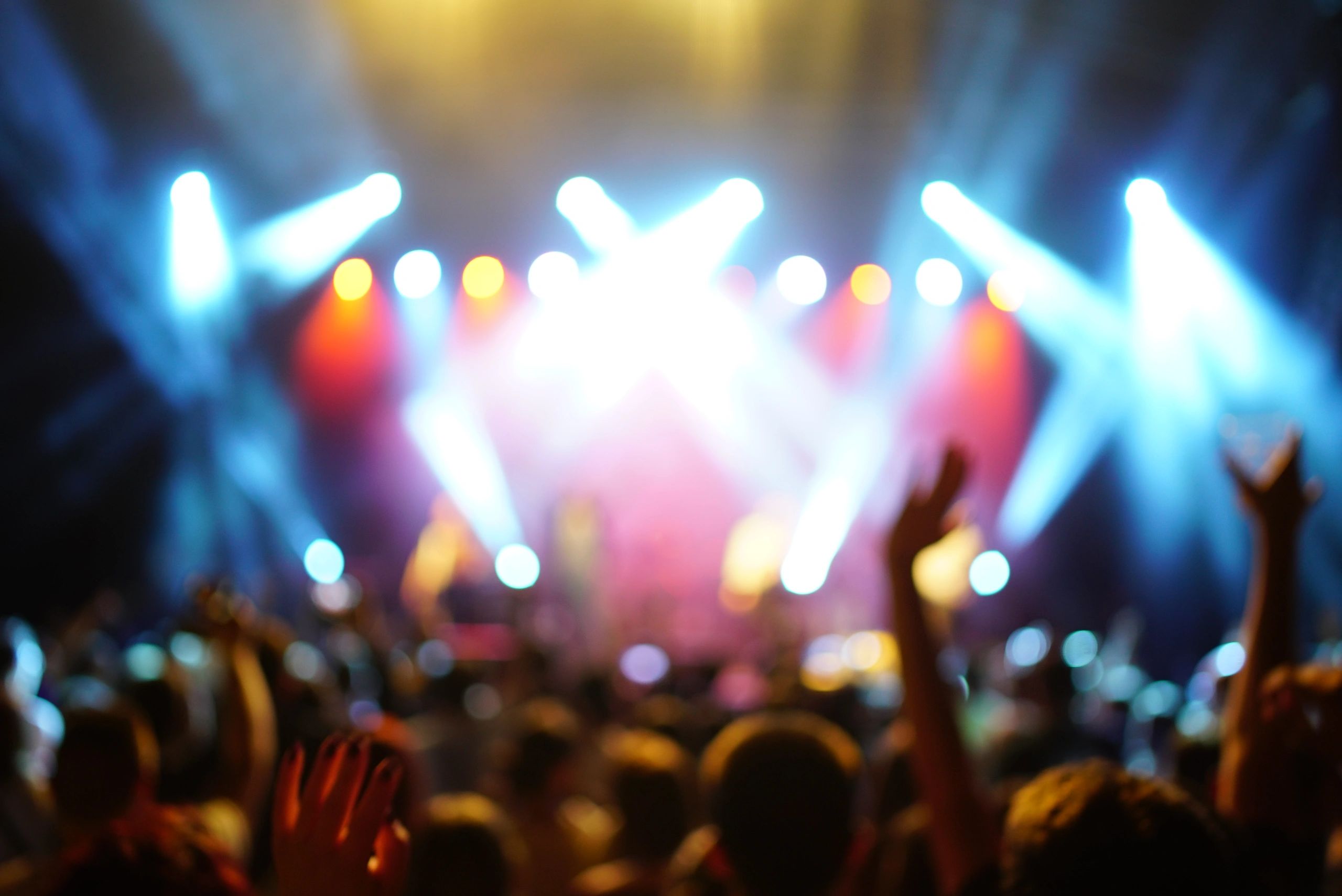 Concert crowd silhouette against a brightly lit stage